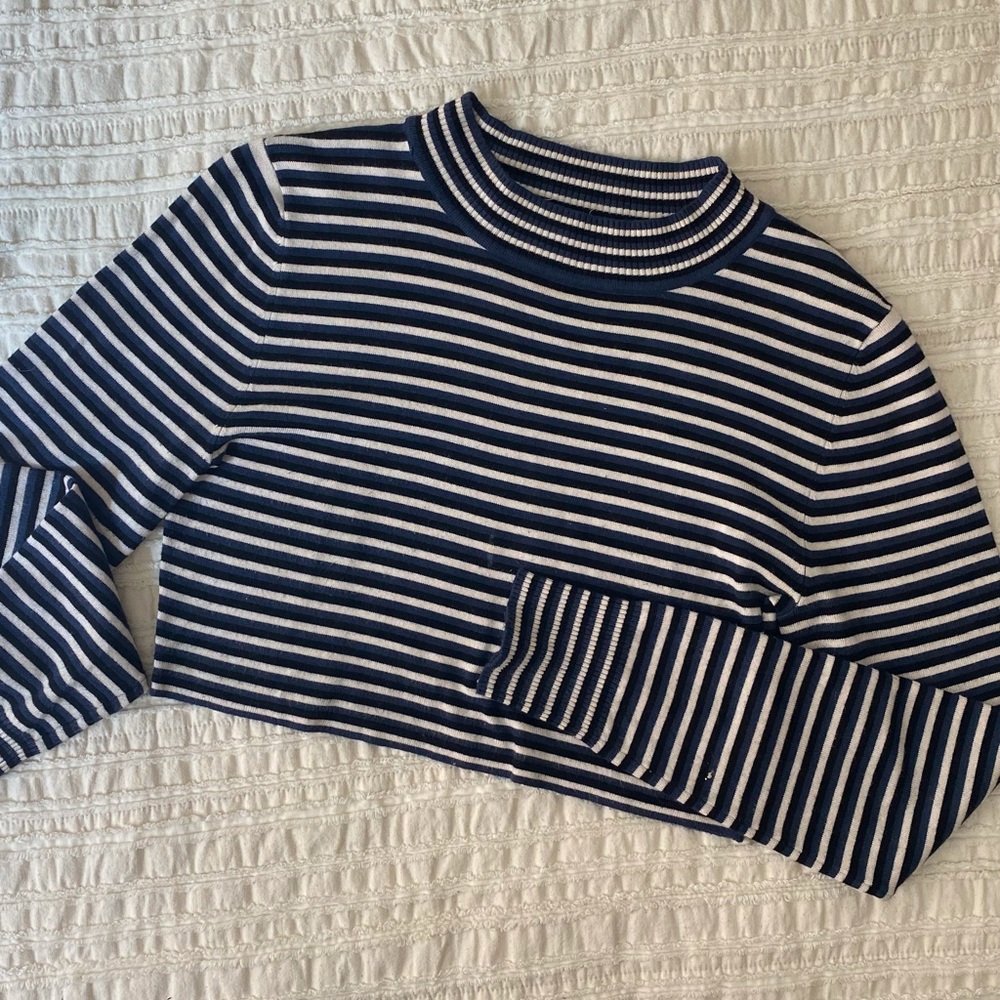 Blue Striped Knit Mock Neck Cropped Sweater